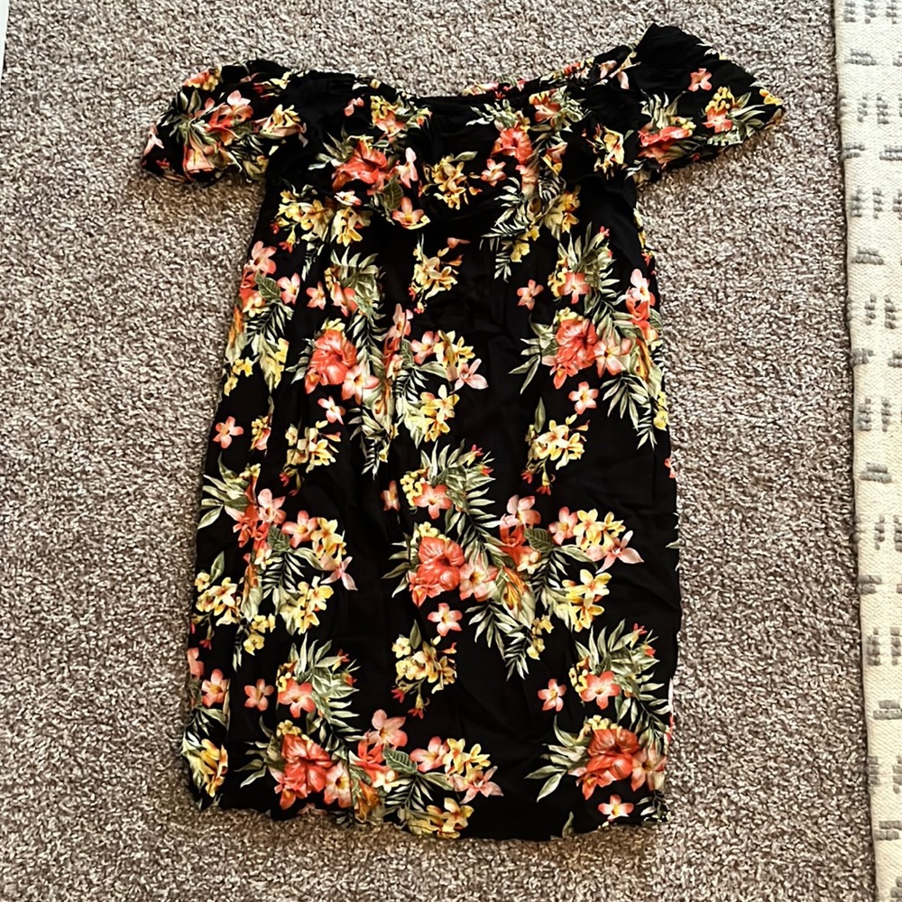 Black off the shoulder dress with floral pattern